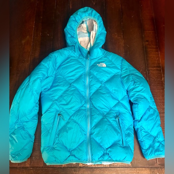 The north face 550 Girls Jacket 14/16 Down Puffer Teal Aqua reversible plaid - Picture 1 of 4